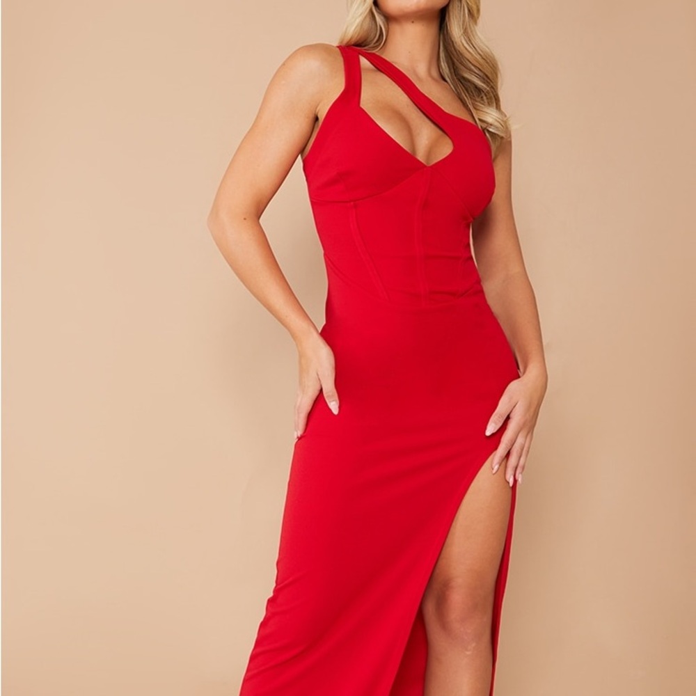 PrettyLittleThing One Shoulder Red Maxi Dress